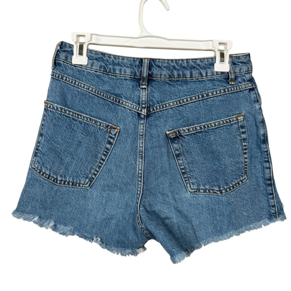 Topshop Denim Jean Shorts Womens 6 Blue Distressed Raw Hem 90s High Rise